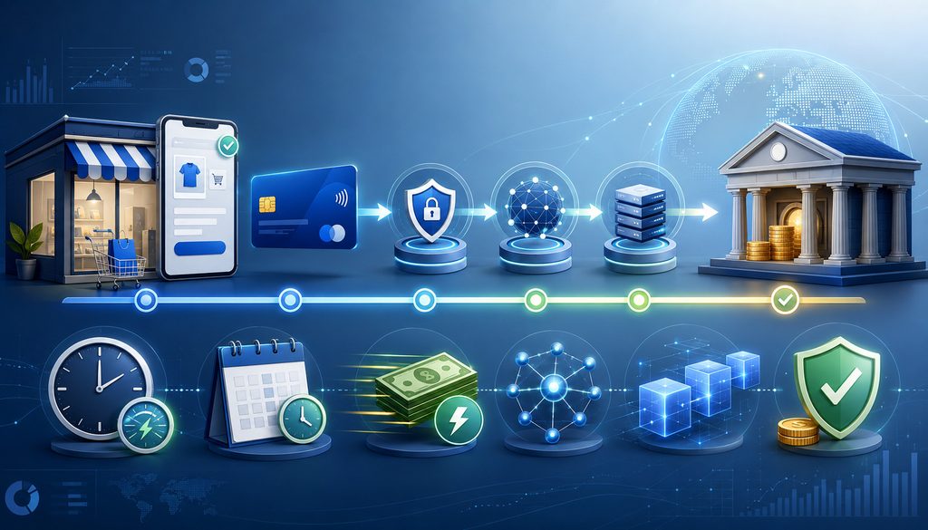 Digital payment settlement timeline with same-day funding and clearing icons